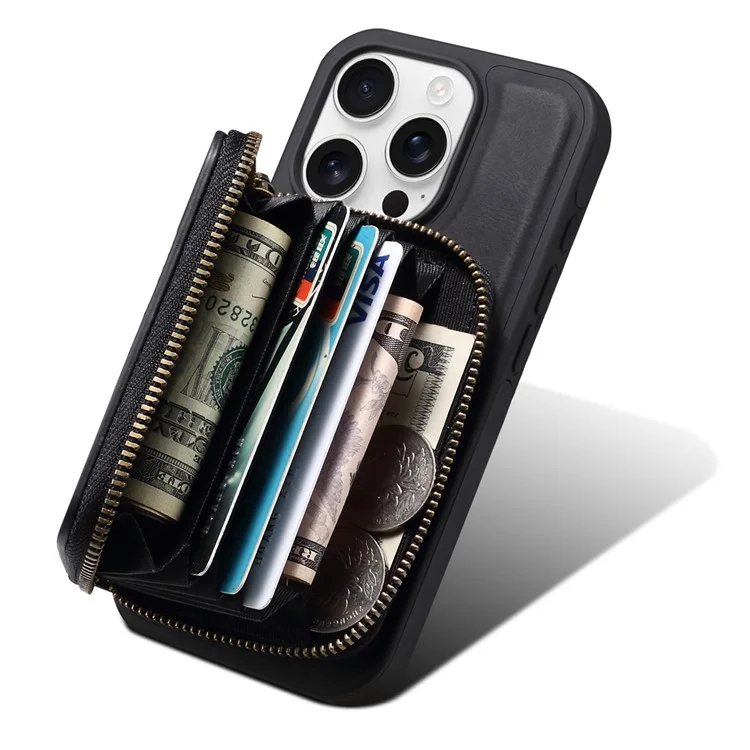 DENIOR For iPhone 16 Pro Max Case Skin Touch Leather Back Cover with Detachable Zipper Card Slot - Black