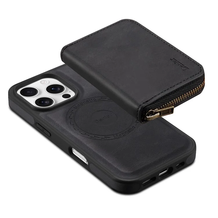 DENIOR For iPhone 16 Pro Max Case Skin Touch Leather Back Cover with Detachable Zipper Card Slot - Black