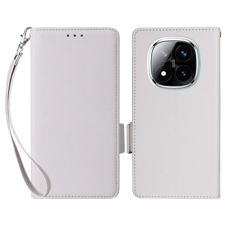 Leather Case for Xiaomi Redmi Note 14 Pro 4G Case with Wrist Strap Litchi Texture PU Leather Wallet Phone Cover - White