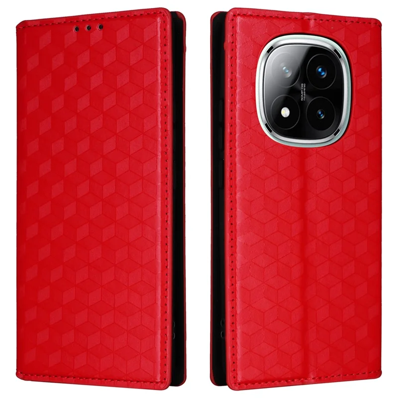 For Xiaomi Redmi Note 14 Pro 4G Wallet Case Rhombus Imprinted Leather Phone Cover - Red