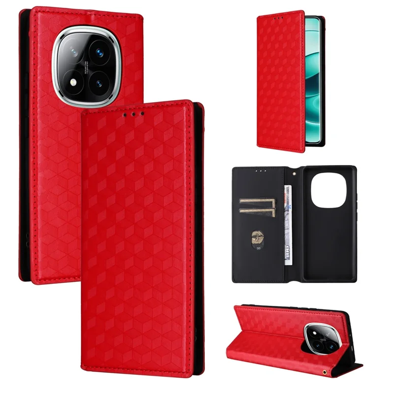 For Xiaomi Redmi Note 14 Pro 4G Wallet Case Rhombus Imprinted Leather Phone Cover - Red