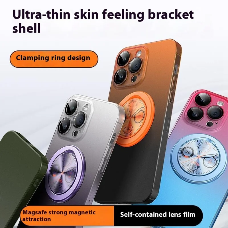 For iPhone 15 Pro Case Dial Kickstand Gradient Color Hard PC Phone Case - Orange + Black