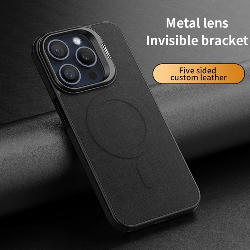 For iPhone 15 Pro Magnetic Case with Lens Kickstand Leather Phone Back Cover - Black