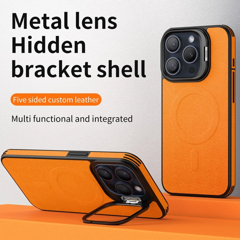 For iPhone 15 Pro Magnetic Case with Lens Kickstand Leather Phone Back Cover - Black