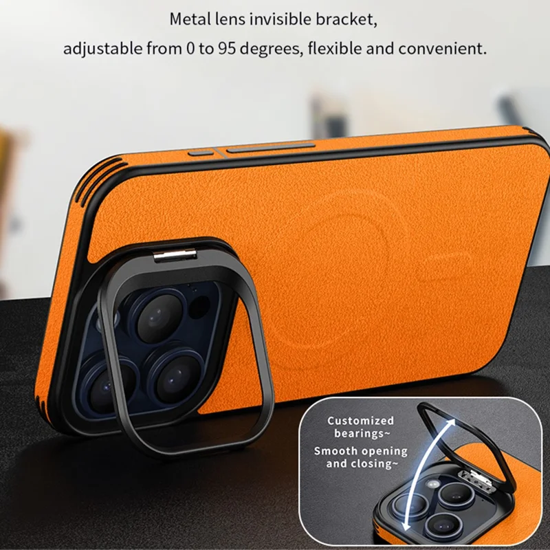 For iPhone 15 Pro Magnetic Case with Lens Kickstand Leather Phone Back Cover - Black