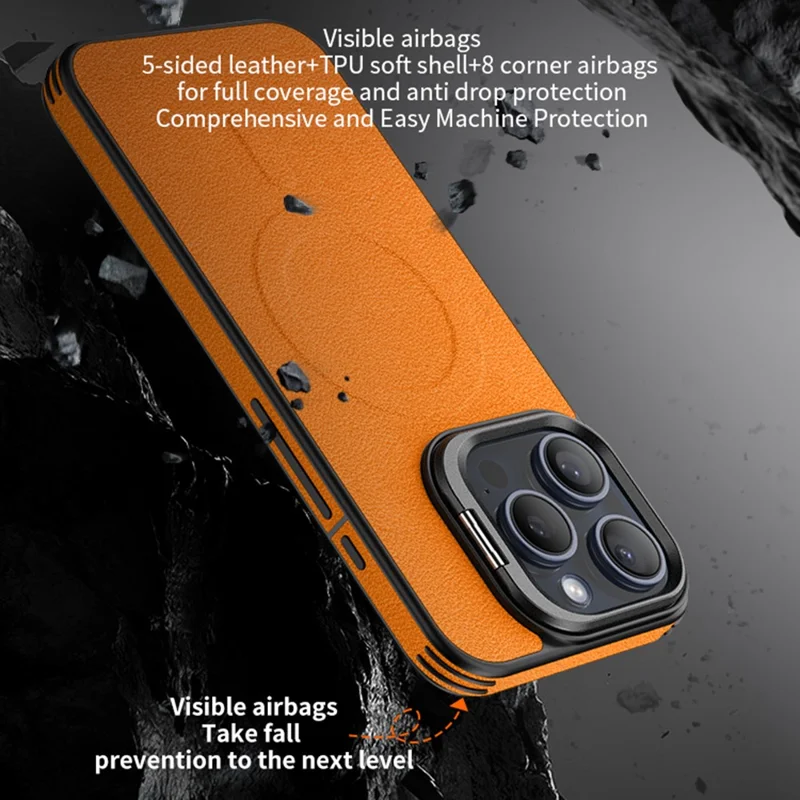 For iPhone 15 Pro Magnetic Case with Lens Kickstand Leather Phone Back Cover - Black