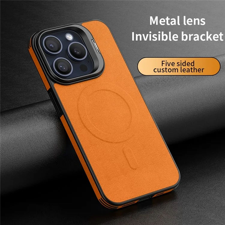 Capa Magnética para iPhone 16 Pro Max com Suporte para Lente e Couro - Laranja