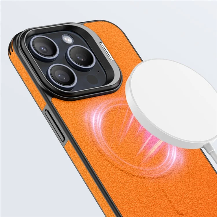 Capa Magnética para iPhone 16 Pro Max com Suporte para Lente e Couro - Laranja
