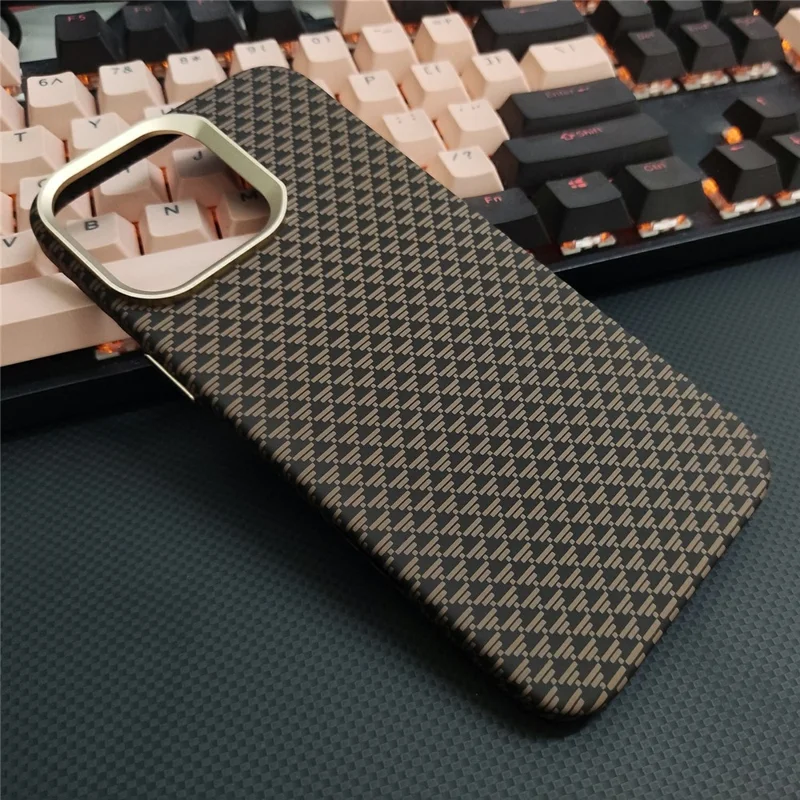 GKK For iPhone 16 Pro Magnetic Case with Metal Lens Frame Hard PC Phone Back Cover Carbon Fiber Texture - Gold
