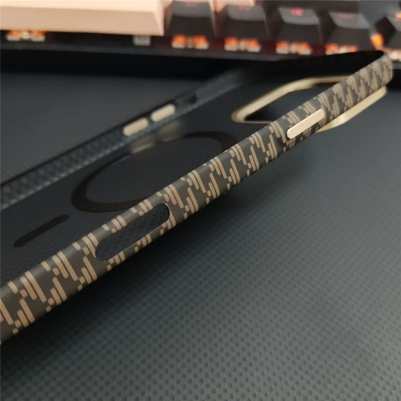 GKK For iPhone 16 Pro Magnetic Case with Metal Lens Frame Hard PC Phone Back Cover Carbon Fiber Texture - Gold