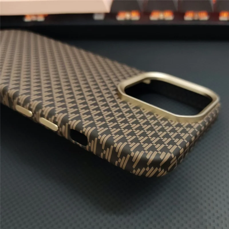 GKK For iPhone 16 Pro Magnetic Case with Metal Lens Frame Hard PC Phone Back Cover Carbon Fiber Texture - Gold