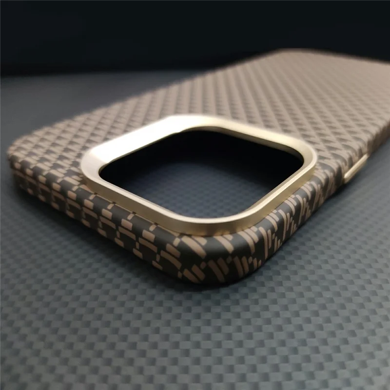 GKK For iPhone 16 Pro Magnetic Case with Metal Lens Frame Hard PC Phone Back Cover Carbon Fiber Texture - Gold