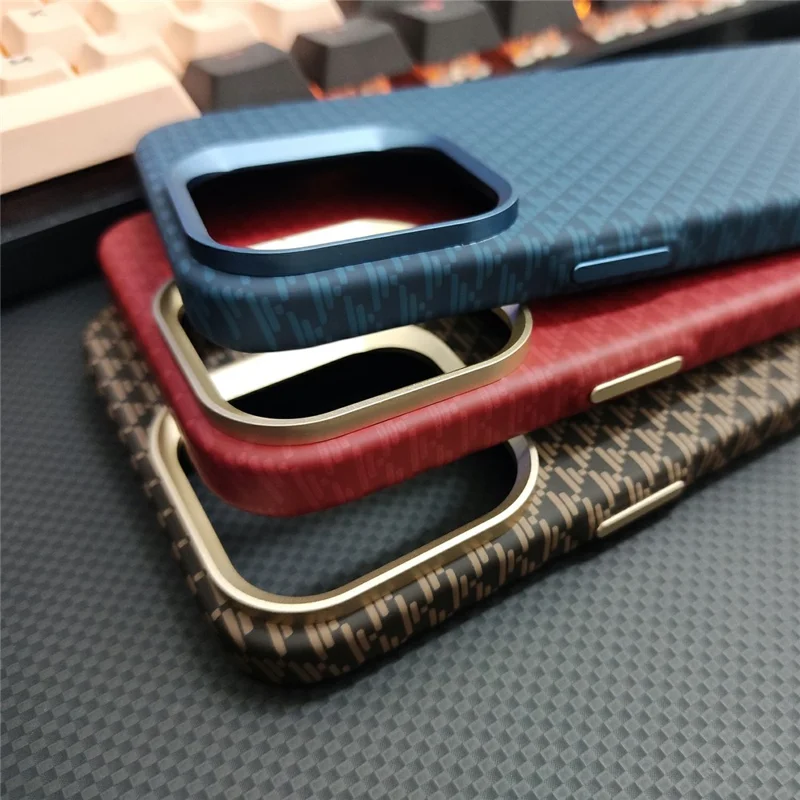 GKK For iPhone 16 Pro Magnetic Case with Metal Lens Frame Hard PC Phone Back Cover Carbon Fiber Texture - Gold