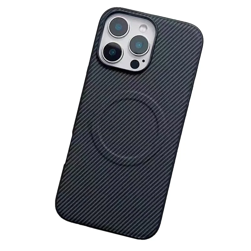 Чехол для iPhone 16 Pro Max, совместимый с MagSafe, из углеродного волокна с текстурой кожи + ПК - Черный