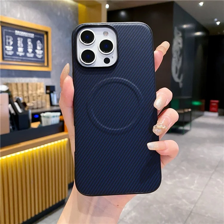 For iPhone 16 Pro Case Compatible with MagSafe Carbon Fiber Texture Leather + PC Phone Cover - Blue