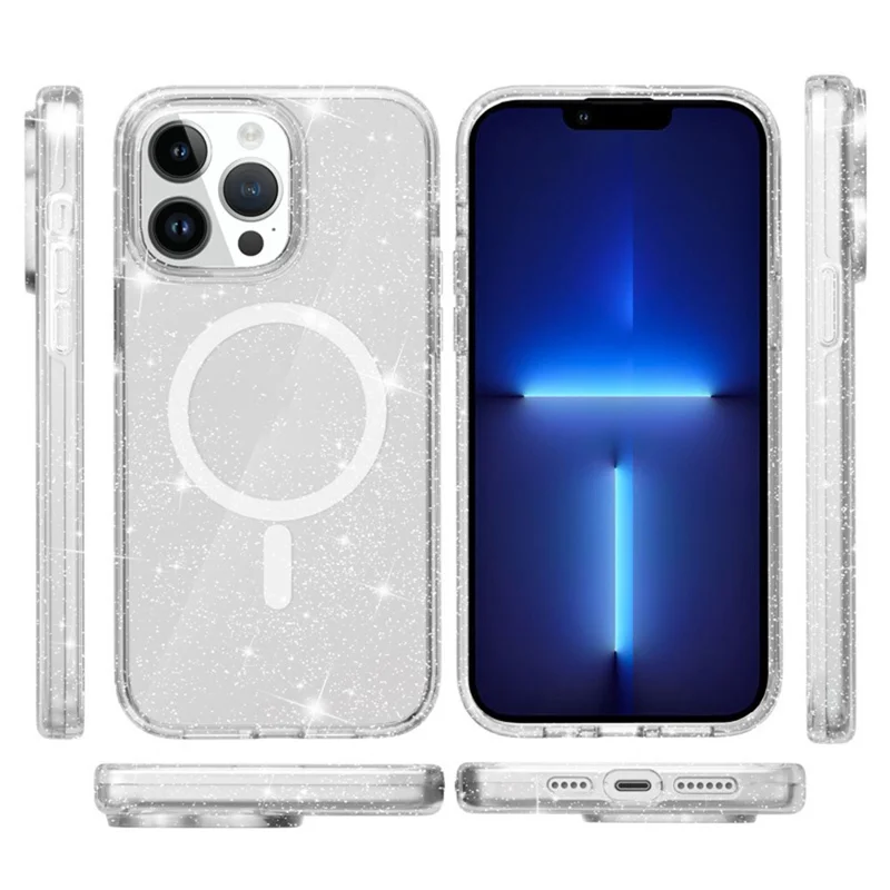 For iPhone 13 Pro Case Compatible with MagSafe Glitter Powder PC + TPU Phone Cover - White