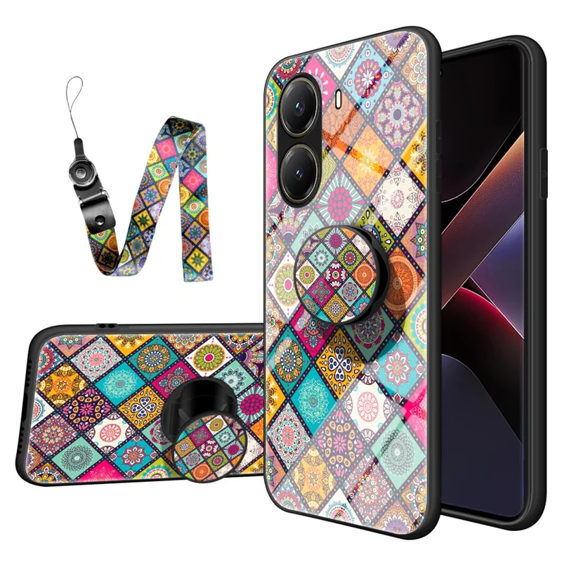 For Xiaomi Poco X7 Pro 5G / Redmi Turbo 4 5G Case Kickstand Ethnic Pattern Tempered Glass Phone Cover with Strap - Checkered Pattern