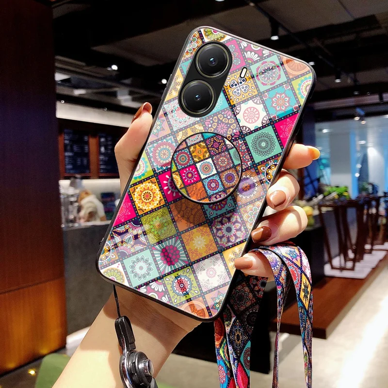 For Xiaomi Poco X7 Pro 5G / Redmi Turbo 4 5G Case Kickstand Ethnic Pattern Tempered Glass Phone Cover with Strap - Checkered Pattern