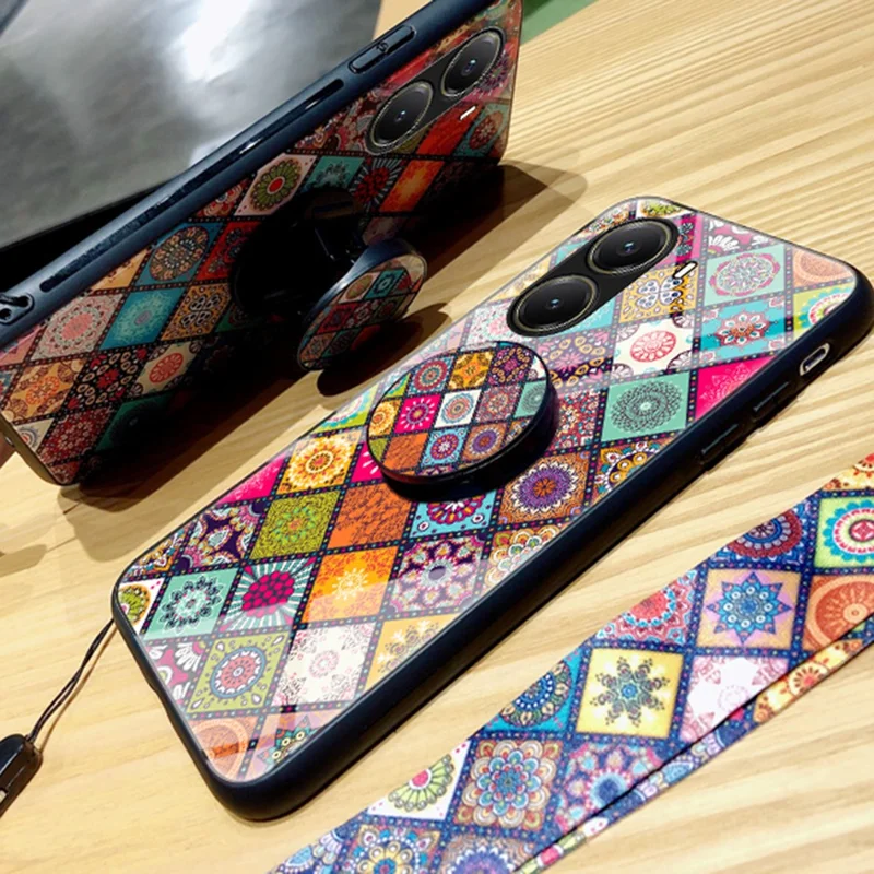 For Xiaomi Poco X7 Pro 5G / Redmi Turbo 4 5G Case Kickstand Ethnic Pattern Tempered Glass Phone Cover with Strap - Checkered Pattern