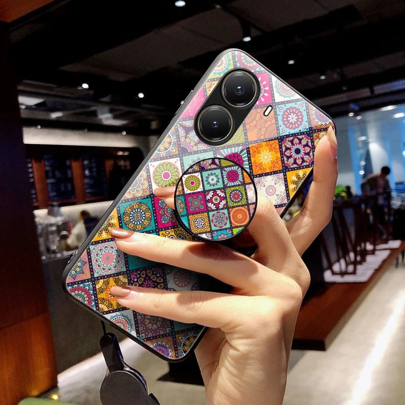 For Xiaomi Poco X7 Pro 5G / Redmi Turbo 4 5G Case Kickstand Ethnic Pattern Tempered Glass Phone Cover with Strap - Checkered Pattern
