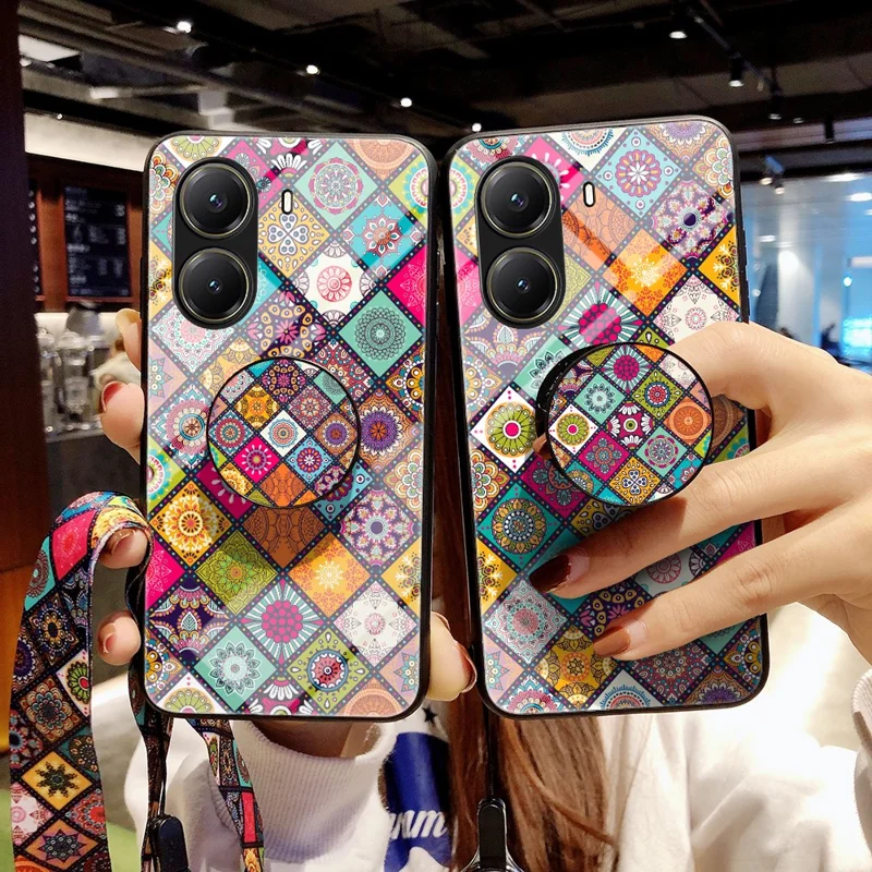 For Xiaomi Poco X7 Pro 5G / Redmi Turbo 4 5G Case Kickstand Ethnic Pattern Tempered Glass Phone Cover with Strap - Checkered Pattern