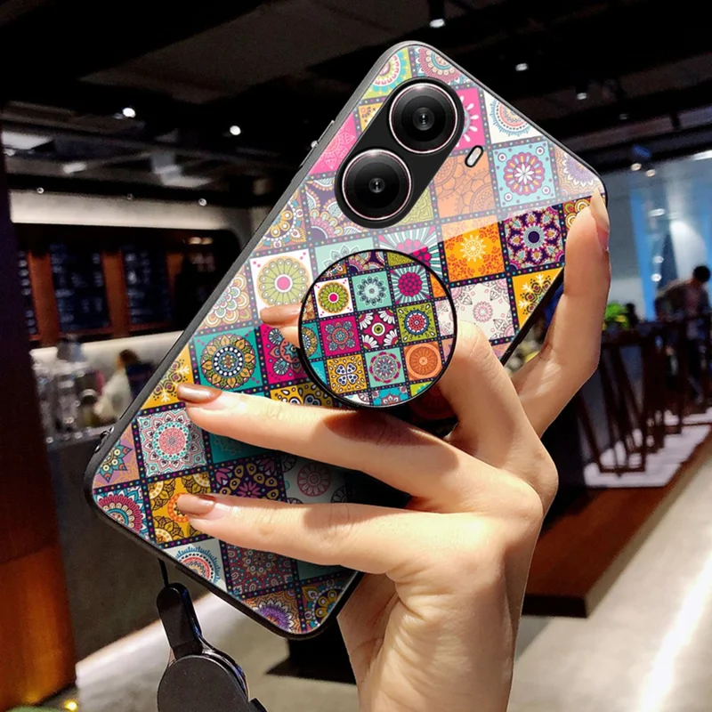 For Xiaomi Redmi Turbo 4 5G Case Kickstand Ethnic Pattern Tempered Glass Phone Cover with Strap - Color Pattern