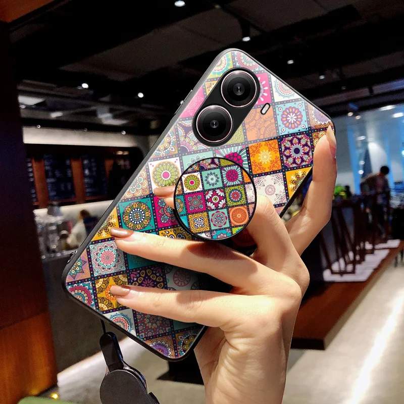 For Xiaomi Redmi Turbo 4 5G Case Kickstand Ethnic Pattern Tempered Glass Phone Cover with Strap - Color Pattern