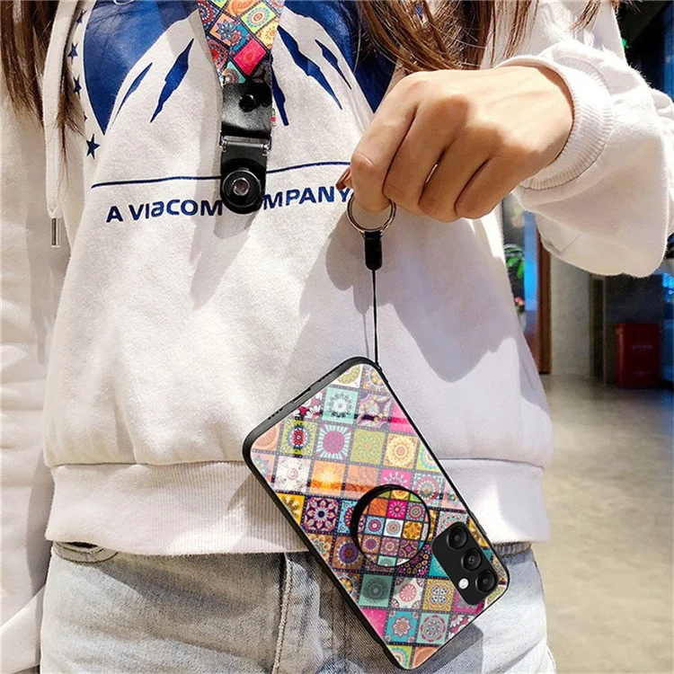 For Samsung Galaxy A26 5G Case Kickstand Ethnic Pattern Tempered Glass Phone Cover with Strap - Color Pattern