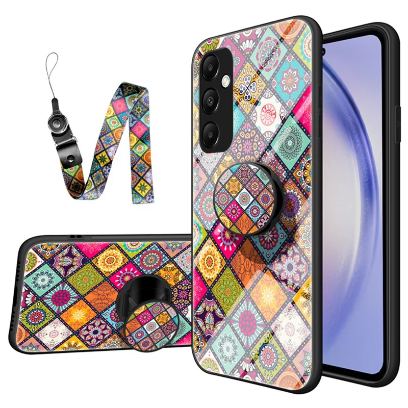 For Samsung Galaxy S24 FE Case Kickstand Ethnic Pattern Tempered Glass Phone Cover with Strap - Color Pattern