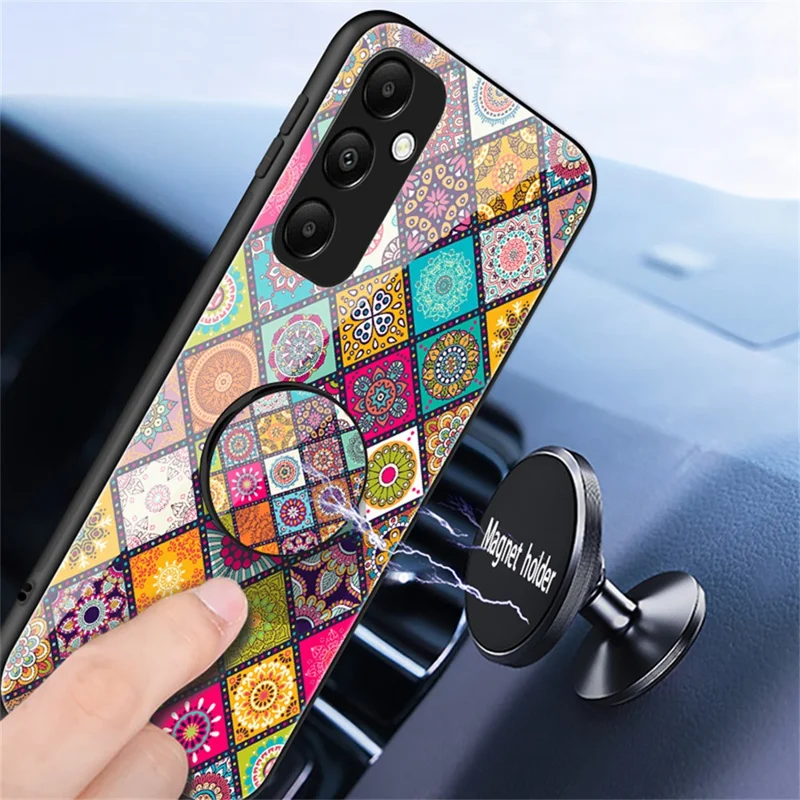 For Samsung Galaxy S24 Case Kickstand Ethnic Pattern Tempered Glass Phone Cover with Strap - Color Pattern