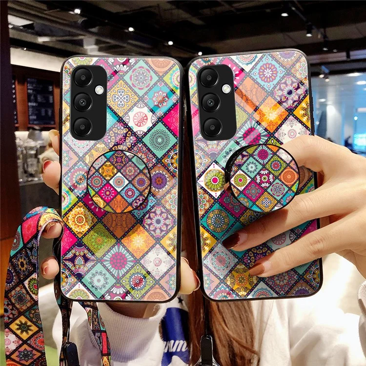 Чехол для Samsung Galaxy S24+ со стеклом и подставкой, этническим узором и ремешком - Цветной рисунок