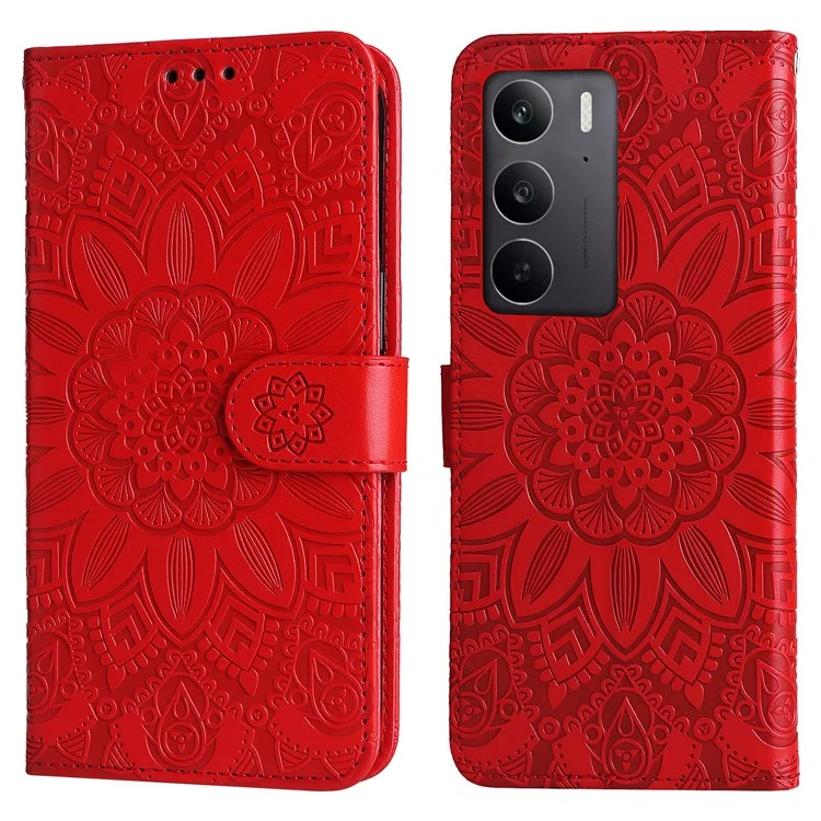 Cover a portafoglio in pelle con stampa di girasole per Realme C75 / 14x 5G - Rosso