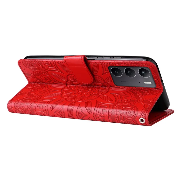 Cover a portafoglio in pelle con stampa di girasole per Realme C75 / 14x 5G - Rosso