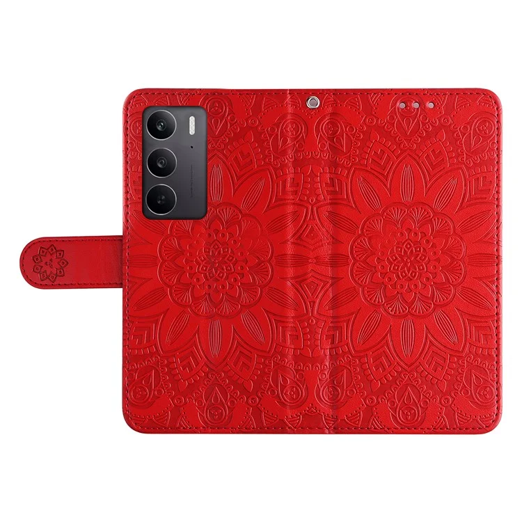 Cover a portafoglio in pelle con stampa di girasole per Realme C75 / 14x 5G - Rosso