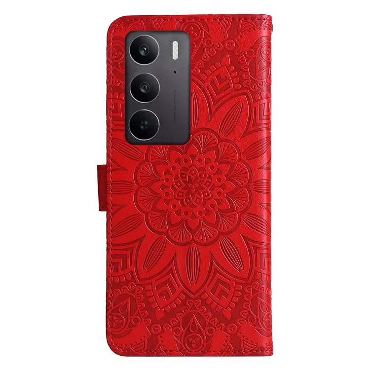 Cover a portafoglio in pelle con stampa di girasole per Realme C75 / 14x 5G - Rosso