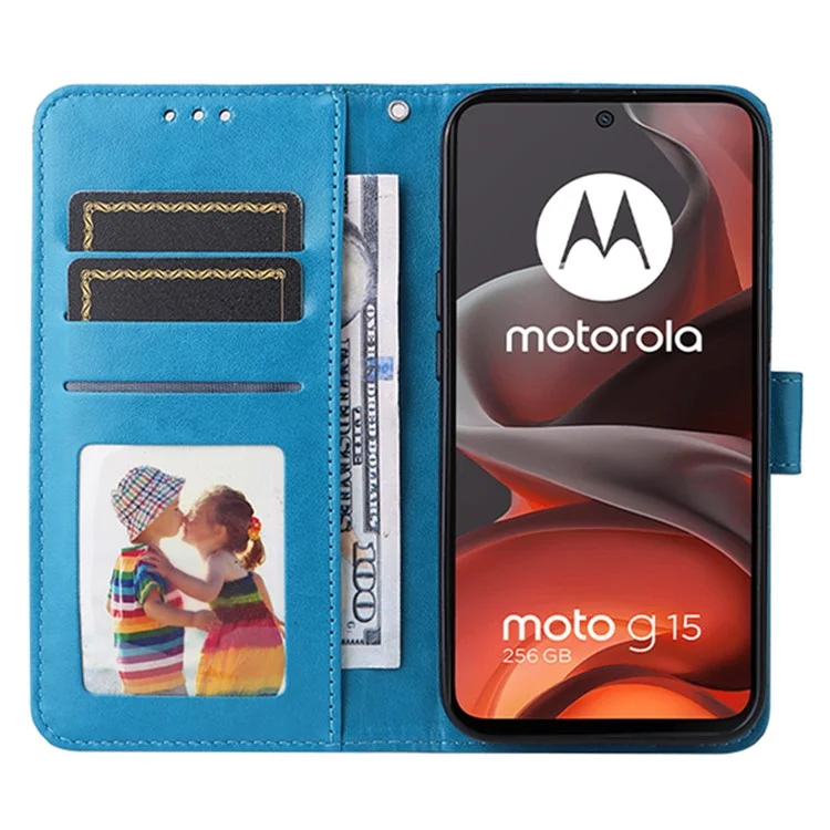 Wallet Case for Motorola Moto G15 4G / G15 Power 4G Leather Phone Cover Sunflower Imprint - Blue