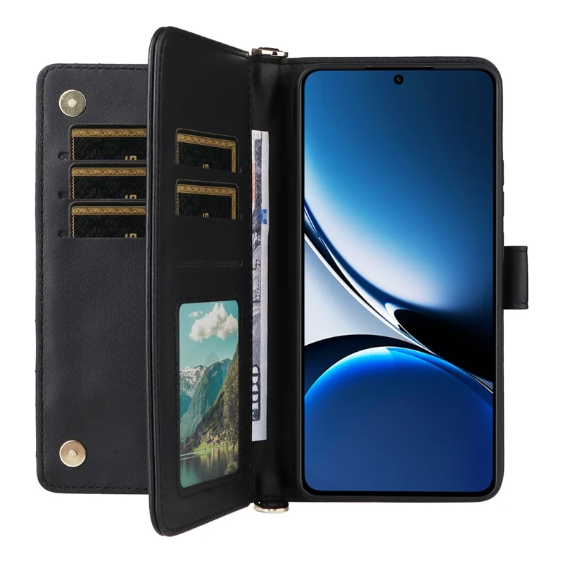 Für Xiaomi Poco X7 Pro 5G / Redmi Turbo 4 5G Geldbörsen-Hülle mit Schulterriemen Lederhülle - Schwarz