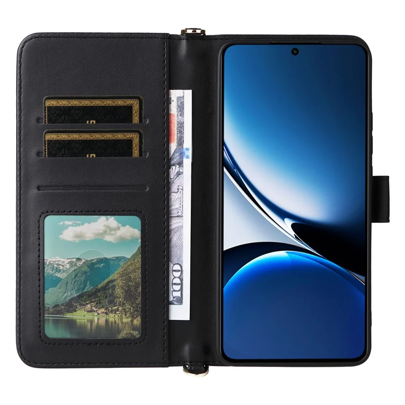 Für Xiaomi Poco X7 Pro 5G / Redmi Turbo 4 5G Geldbörsen-Hülle mit Schulterriemen Lederhülle - Schwarz
