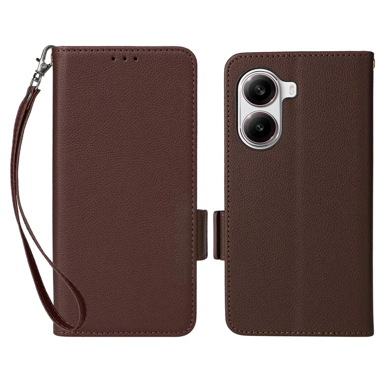 For Xiaomi Poco X7 Pro 5G / Redmi Turbo 4 5G Case with Wrist Strap Litchi Texture PU Leather Wallet Phone Cover - Brown