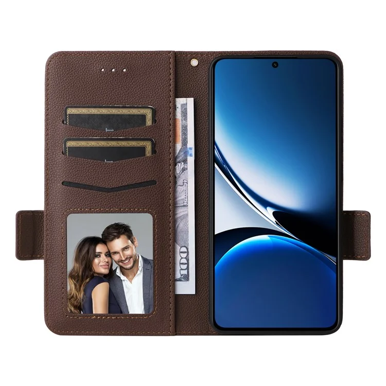 For Xiaomi Poco X7 Pro 5G / Redmi Turbo 4 5G Case with Wrist Strap Litchi Texture PU Leather Wallet Phone Cover - Brown