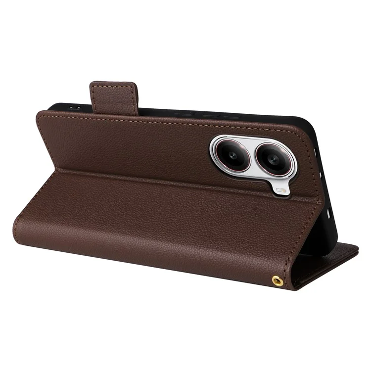 For Xiaomi Poco X7 Pro 5G / Redmi Turbo 4 5G Case with Wrist Strap Litchi Texture PU Leather Wallet Phone Cover - Brown