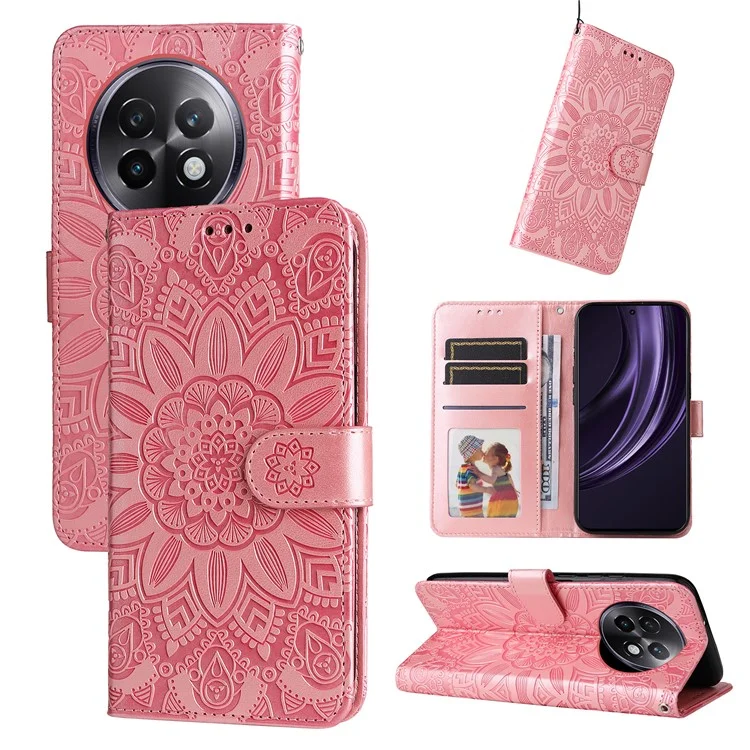 Capa para Realme 13+ 5G / 13 Pro 5G (China) com Impressão de Girassol, Carteira de Couro para Celular - Rosa