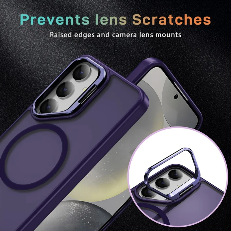 Funda magnética para Samsung Galaxy S24 con soporte para lente, diseño de piel y cubierta de teléfono de PC + TPU - Morado oscuro