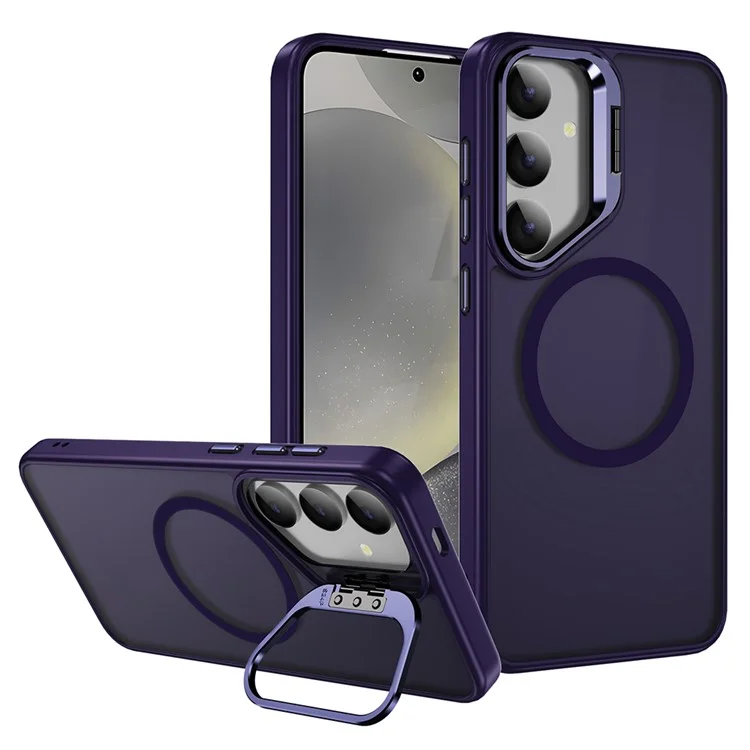 For Samsung Galaxy S24+ Magnetic Case with Lens Kickstand Skin-Touch PC + TPU Phone Cover - Dark Purple