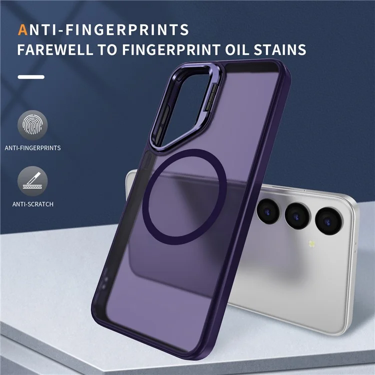 For Samsung Galaxy S24+ Magnetic Case with Lens Kickstand Skin-Touch PC + TPU Phone Cover - Dark Purple