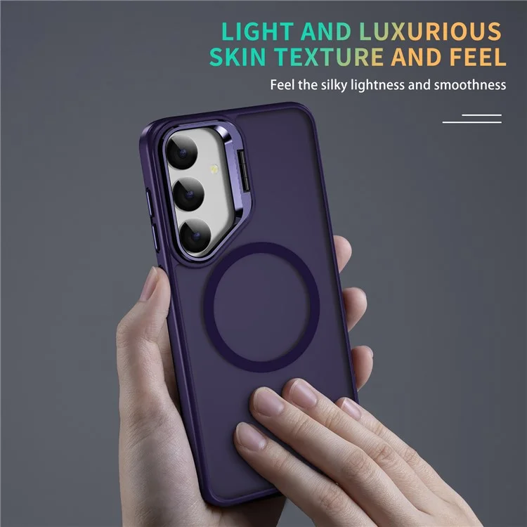 For Samsung Galaxy S24+ Magnetic Case with Lens Kickstand Skin-Touch PC + TPU Phone Cover - Dark Purple