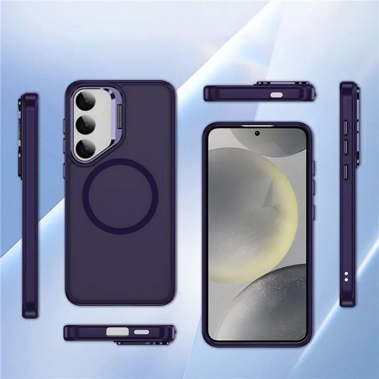 For Samsung Galaxy S24+ Magnetic Case with Lens Kickstand Skin-Touch PC + TPU Phone Cover - Dark Purple