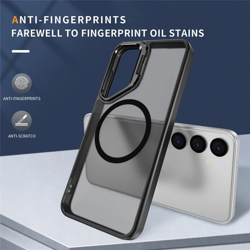 For Samsung Galaxy S24+ Magnetic Case with Lens Kickstand Skin-Touch PC + TPU Phone Cover - Black