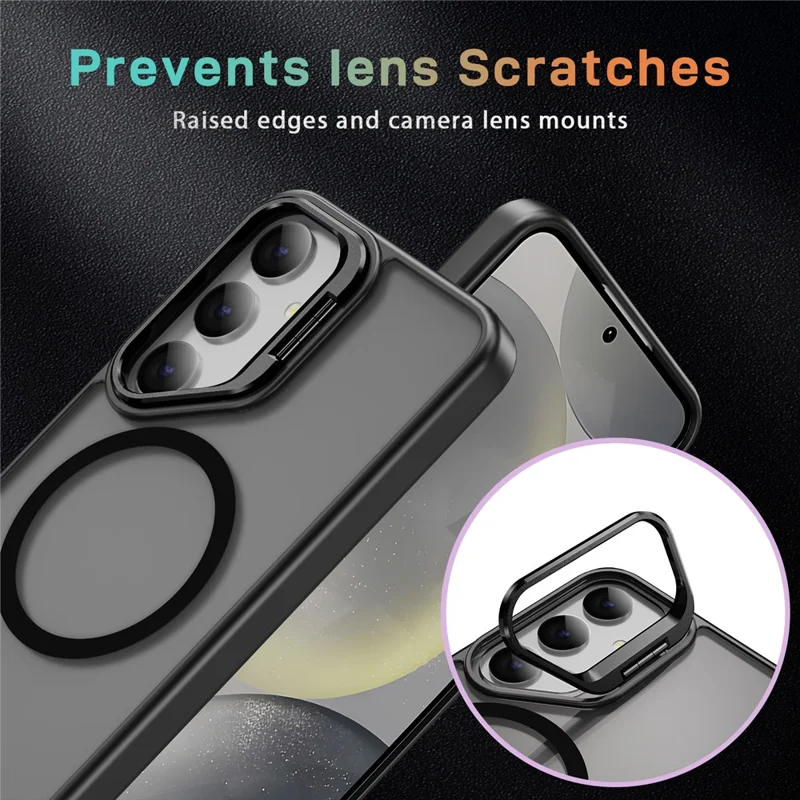 For Samsung Galaxy S24+ Magnetic Case with Lens Kickstand Skin-Touch PC + TPU Phone Cover - Black