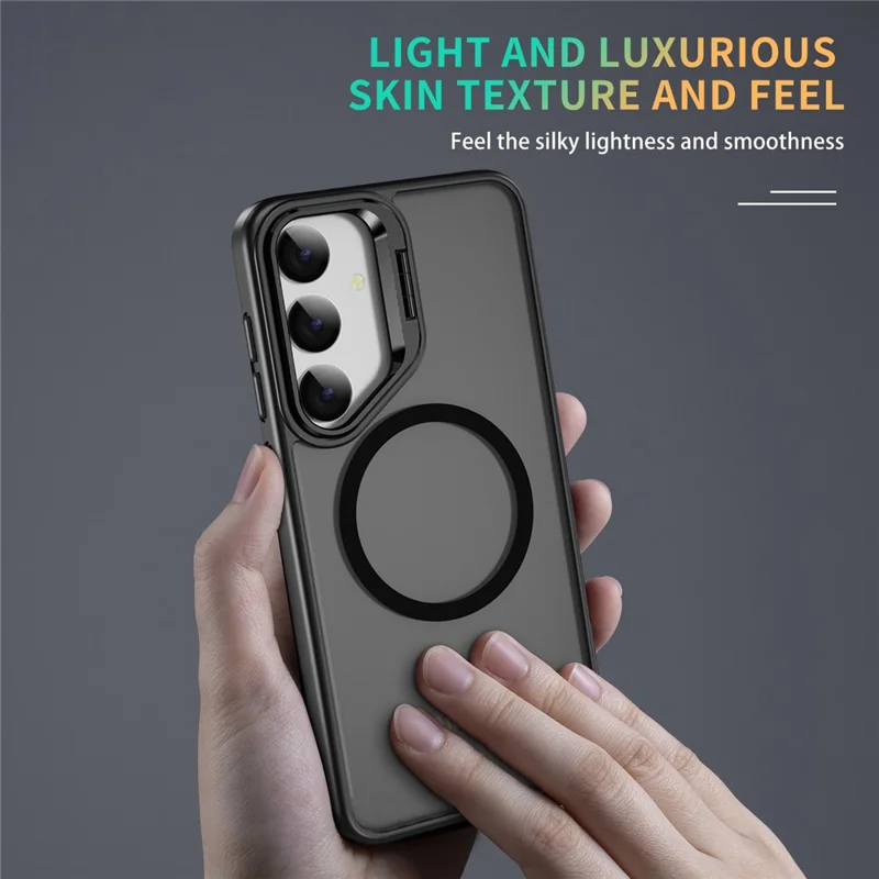 For Samsung Galaxy S24+ Magnetic Case with Lens Kickstand Skin-Touch PC + TPU Phone Cover - Black